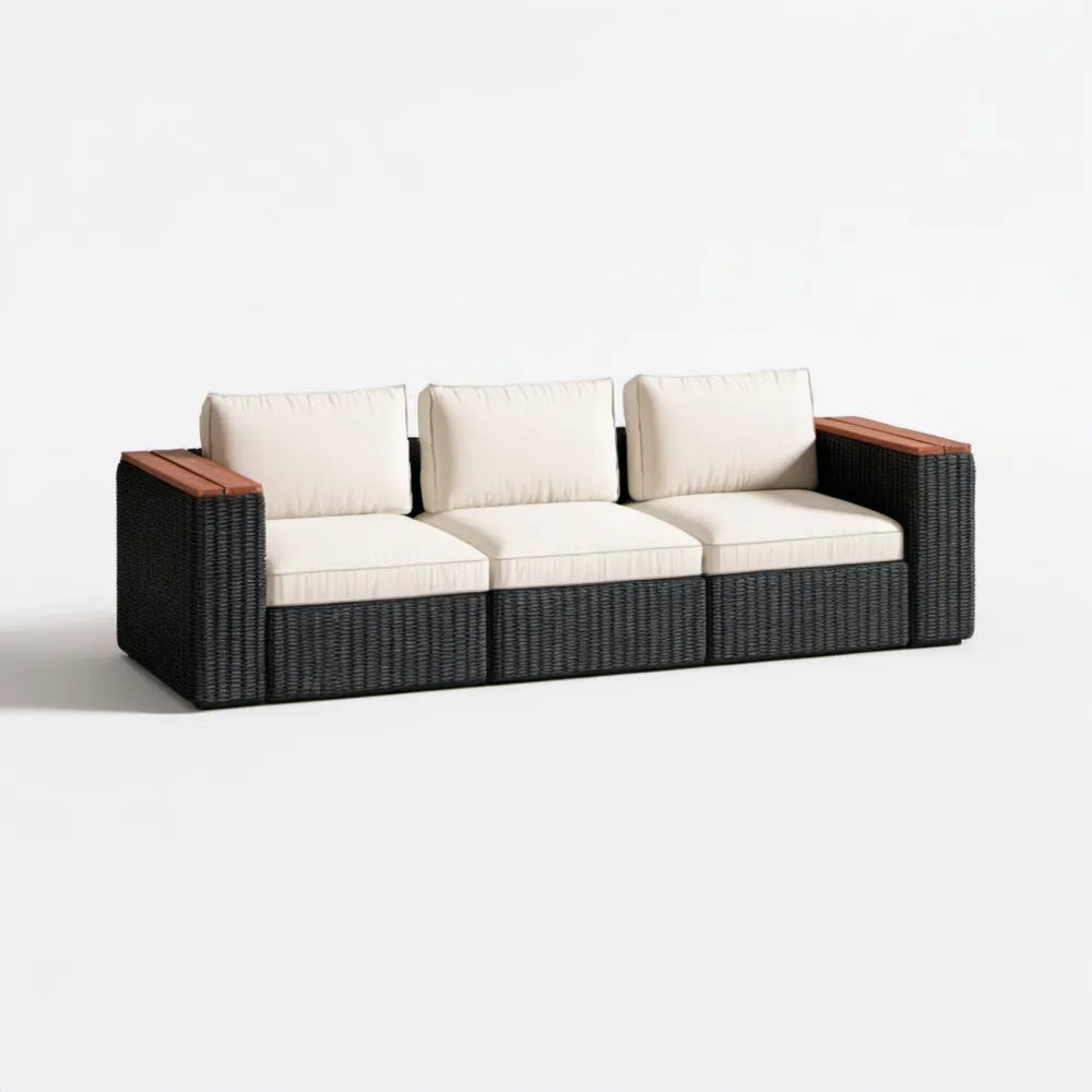 3-osobowa sofa ogrodowa z technorattanu PE, czarna z kremowymi poduszkami, 210 x 75 x 70 cm
