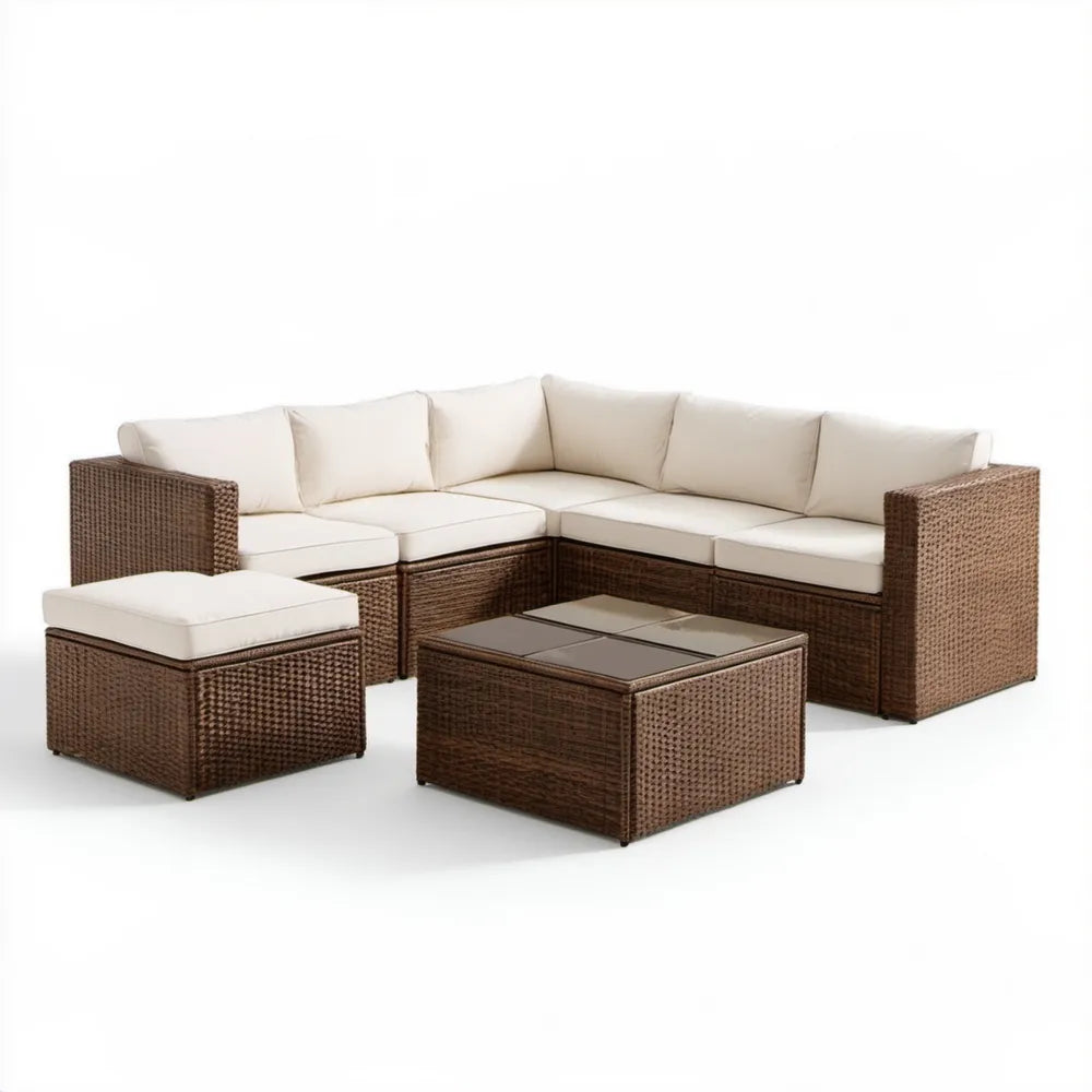 7-częściowy modułowy komplet ogrodowy z technorattanu brązowy/kremowy, sofa narożna 210 × 140 × 60 cm