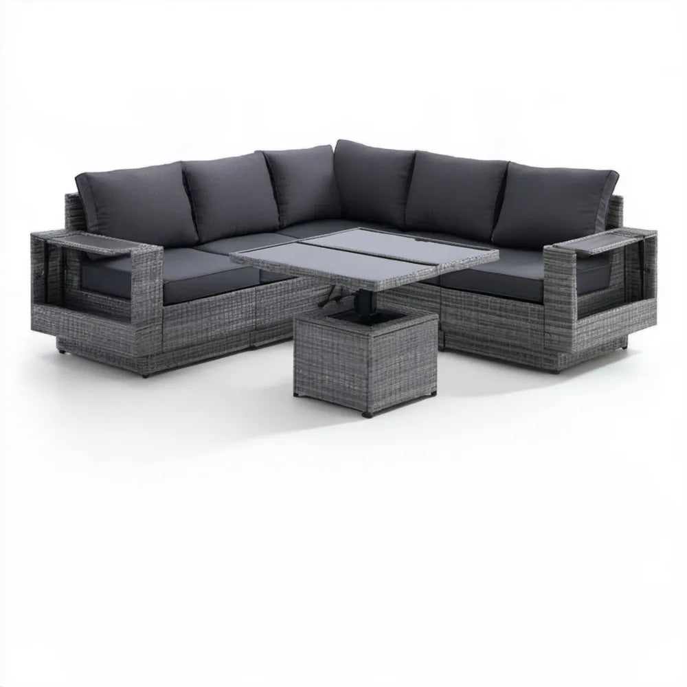 Narożny zestaw ogrodowy z technorattanu PE, szary/antracytowy, 230 × 180 × 65 cm, z regulowanym stolikiem