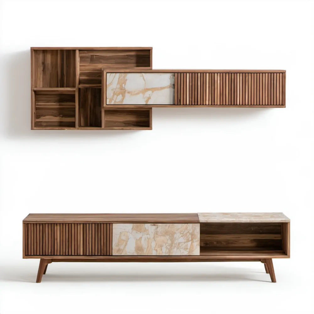 Zestaw wiszący i stojący z MDF w kolorze orzechowym z kremowo-beżowymi panelami, 220 × 40 × 55 cm i 210 × 30 × 55 cm