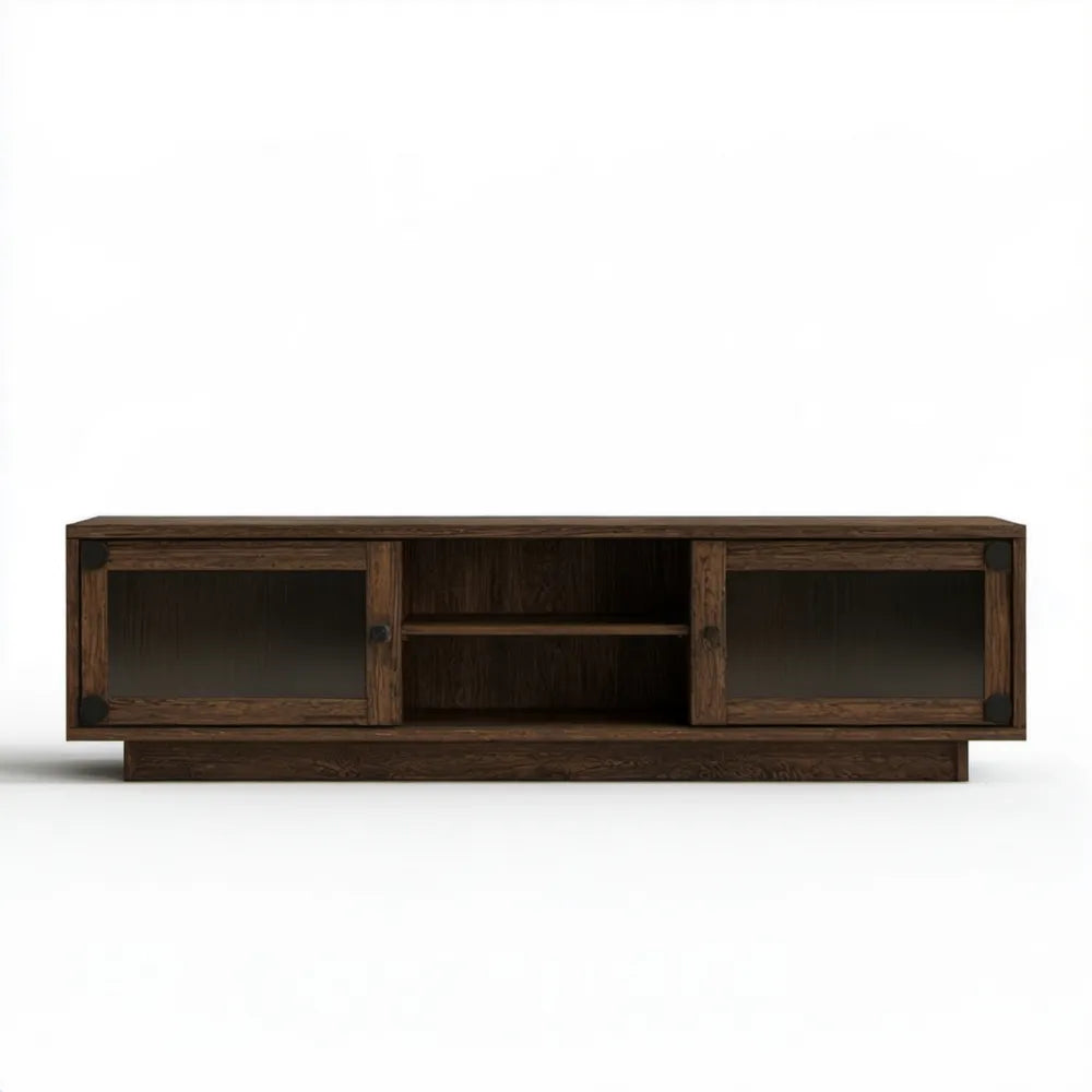 Szafka RTV z litego drewna mango ze szkłem hartowanym 160 x 40 x 45 cm Ciemny brąz/Czarny