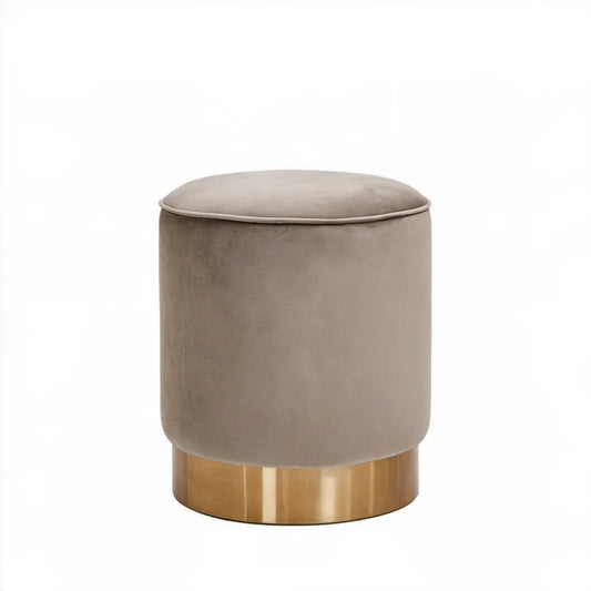 Okrągła pufa tapicerowana aksamitem poliestrowym Taupe ze złotą stalową podstawą, Ø 40 × 45 cm