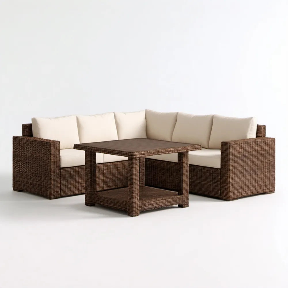 Narożny zestaw ogrodowy z technorattanu PE brązowo-kremowy, sofa 205 x 205 x 63 cm i stolik 100 x 60 x 45 cm