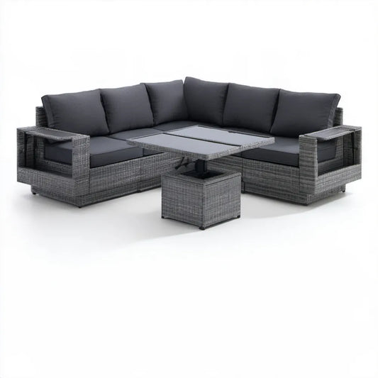 Narożny zestaw ogrodowy z technorattanu PE, szary/antracytowy, 230 × 180 × 65 cm, z regulowanym stolikiem