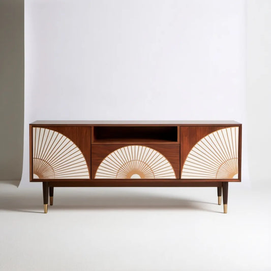Szafka RTV retro z płyty MDF orzechowo-kremowa ze złotymi detalami 160 × 40 × 75 cm