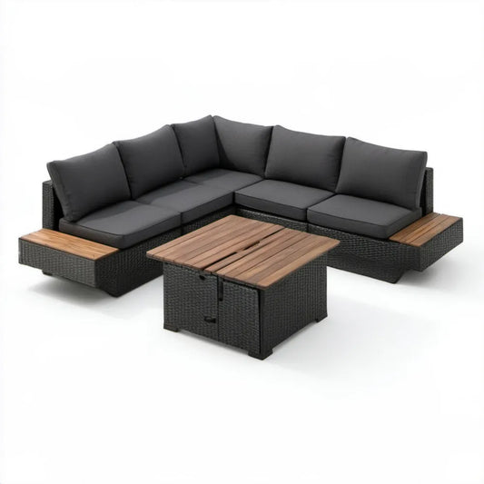 Narożny zestaw ogrodowy ze stolikiem, rattan PE i stal, czarno-brązowy, 240 × 240 × 70 cm