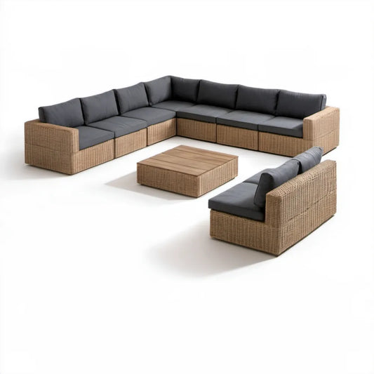 Modułowy zestaw ogrodowy z technorattanu PE, narożnik 280 x 210 x 70 cm, sofa 150 x 75 x 70 cm i stolik 100 x 60 x 35 cm, Beżowy/Grafitowy/Brązowy