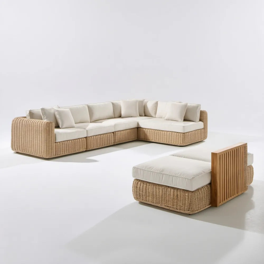 Ogrodowy komplet narożny w kształcie L z technorattanu PE, naturalny beżowy/kremowy/brązowy, sofa 280 x 220 x 70 cm, fotel 95 x 90 x 70 cm