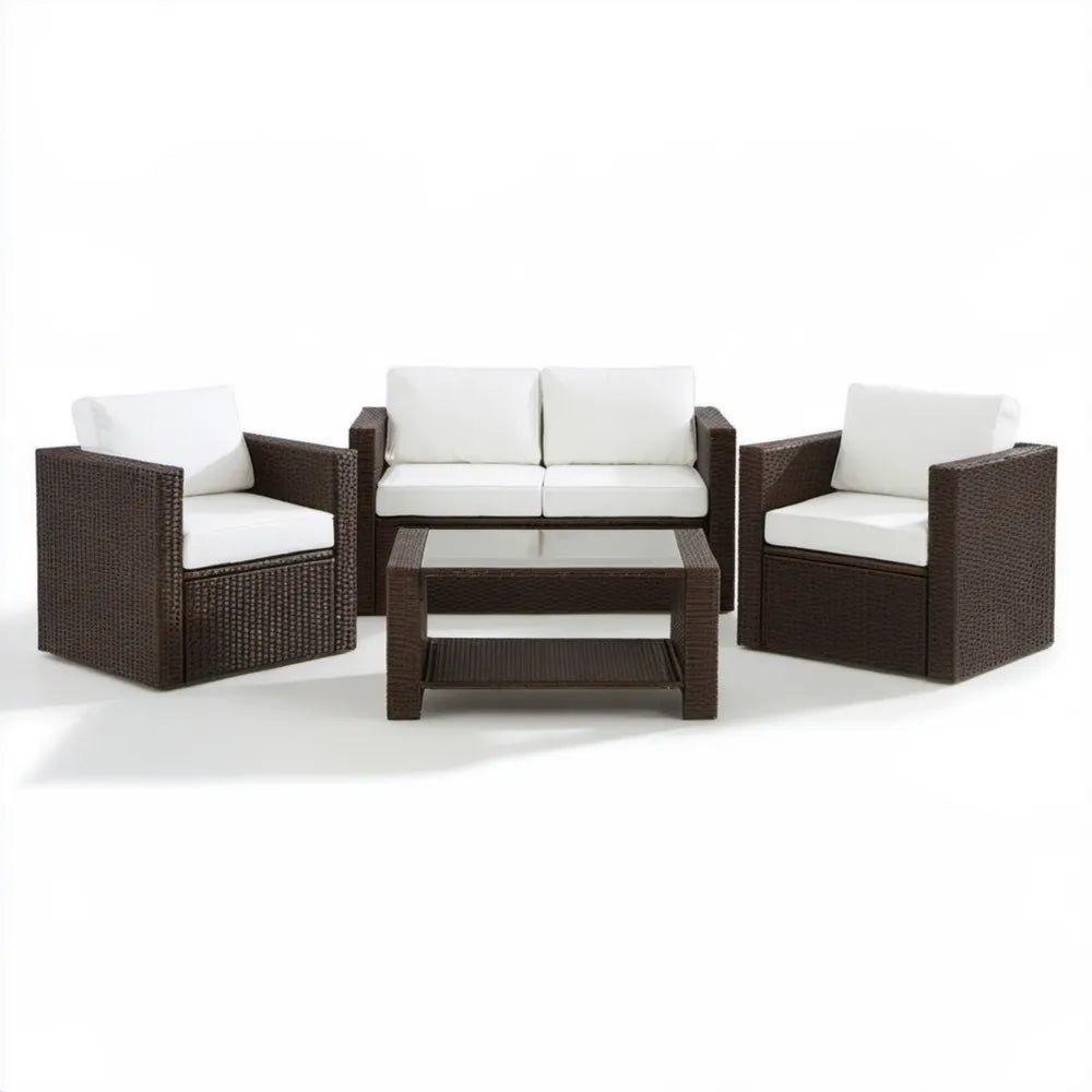 Brązowy zestaw ogrodowy z technorattanu z białymi poduszkami, sofa 124 x 70 x 75 cm, 2 fotele i stolik