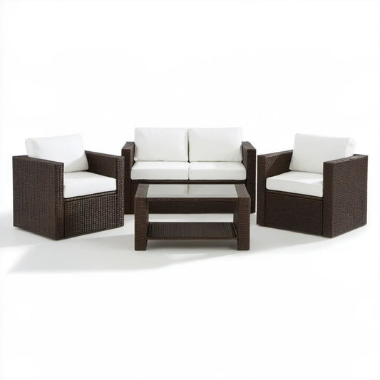 Brązowy zestaw ogrodowy z technorattanu z białymi poduszkami, sofa 124 x 70 x 75 cm, 2 fotele i stolik
