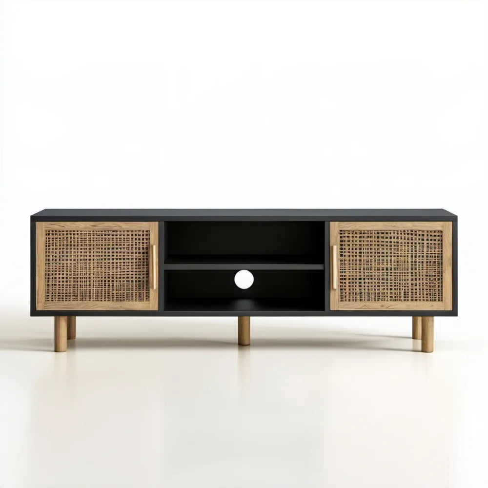 Czarna szafka RTV z frontami z naturalnego rattanu, 140 x 40 x 55 cm