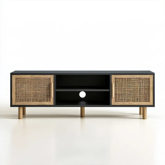 Czarna szafka RTV z frontami z naturalnego rattanu, 140 x 40 x 55 cm