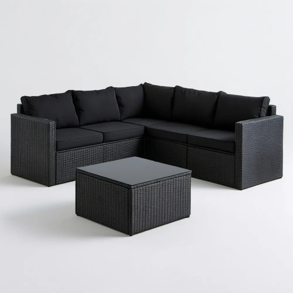 Czarny narożny zestaw z technorattanu 200 × 200 × 65 cm ze stolikiem 70 × 70 × 35 cm