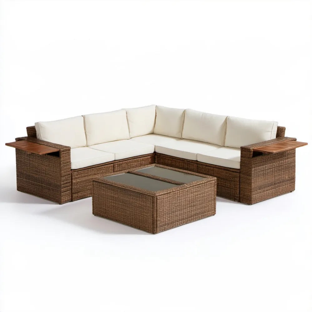 Ogrodowy narożnik z technorattanu 250 x 200 x 65 cm ze stolikiem 110 x 60 x 40 cm, brązowy/kremowy/przezroczysty
