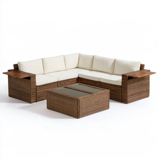 Ogrodowy narożnik z technorattanu 250 x 200 x 65 cm ze stolikiem 110 x 60 x 40 cm, brązowy/kremowy/przezroczysty