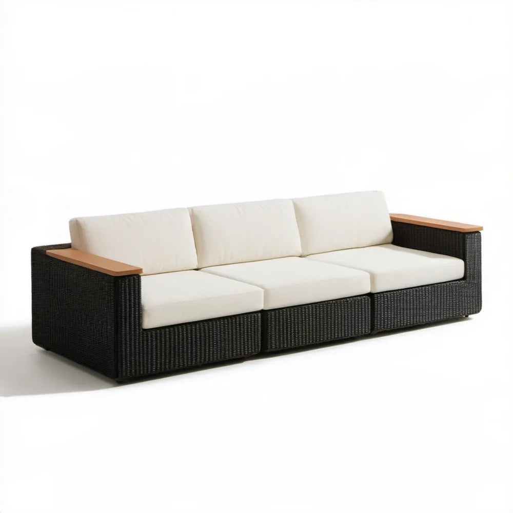 3-osobowa sofa ogrodowa z technorattanu PE 220 x 85 x 70 cm Czarna/Kremowa/Brązowa