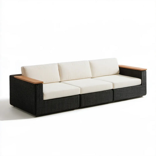3-osobowa sofa ogrodowa z technorattanu PE 220 x 85 x 70 cm Czarna/Kremowa/Brązowa