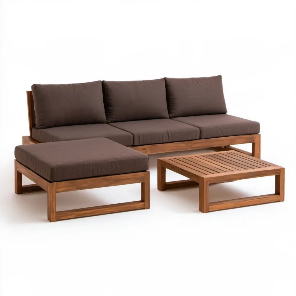 Ogrodowy zestaw mebli z litego drewna akacjowego – sofa 3-osobowa 210 x 75 x 70 cm, leżanka 120 x 75 x 40 cm, stolik 100 x 60 x 35 cm, brązowy/ciemnobrązowy