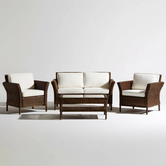 Brązowy zestaw z technorattanu z kremowymi poduszkami – sofa 128 × 72 × 82 cm, 2 fotele, stolik 120 × 60 × 45 cm