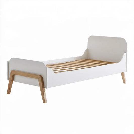 Łóżko dziecięce z barierkami MDF i litego drewna bukowego, białe/naturalny buk, 140 x 70 cm